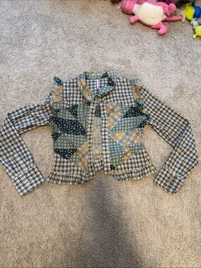 Free People Patchwork Plaid Ruffle Hem Cropped Blouse in Blue and Tan